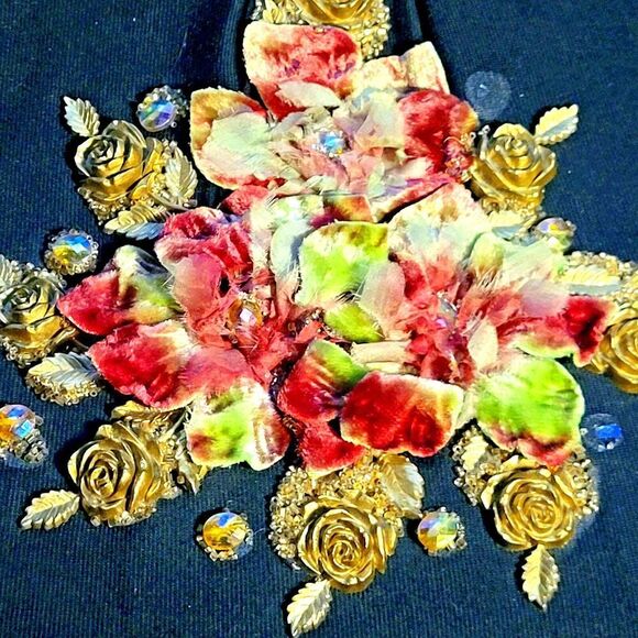 Vintage 50s Black Gold Floral Handbag 16in long inc handle - Picture 1 of 5